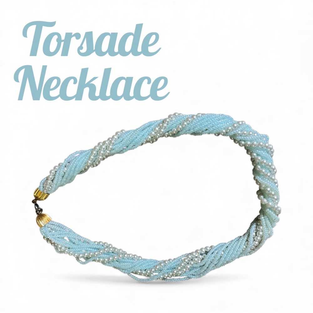 Blue Beads and Faux White Pearls Torsade Necklace Lightweight and Fluid Feel